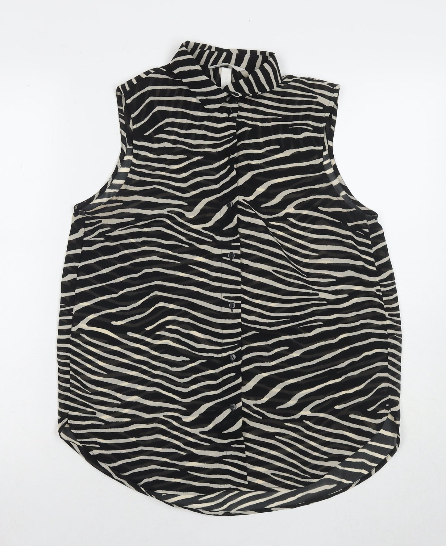 H&M Womens Black Animal Print Polyester Basic Button-Up Size 10 Collared - Zebra Print