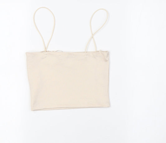 Pull&Bear Womens Ivory Polyester Cropped Button-Up Size S Square Neck - Ribbed