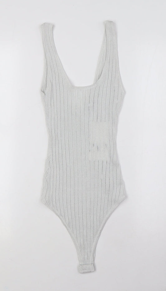 Zara Womens White Polyester Bodysuit One-Piece Size S Snap - Ribbed
