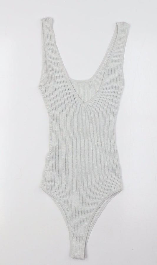 Zara Womens White Polyester Bodysuit One-Piece Size S Snap - Ribbed