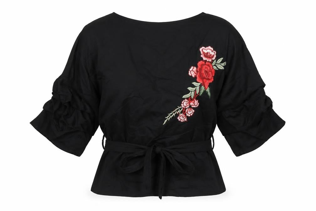 PRETTYLITTLETHING Womens Black Cotton Basic Button-Up Size M Boat Neck - Floral Embellished