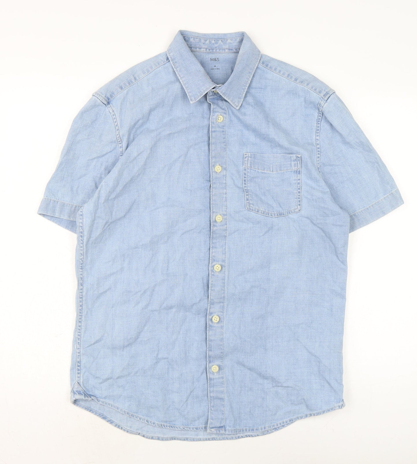 Marks and Spencer Mens Blue Cotton Button-Up Size M Collared Button