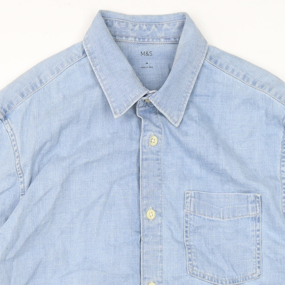 Marks and Spencer Mens Blue Cotton Button-Up Size M Collared Button