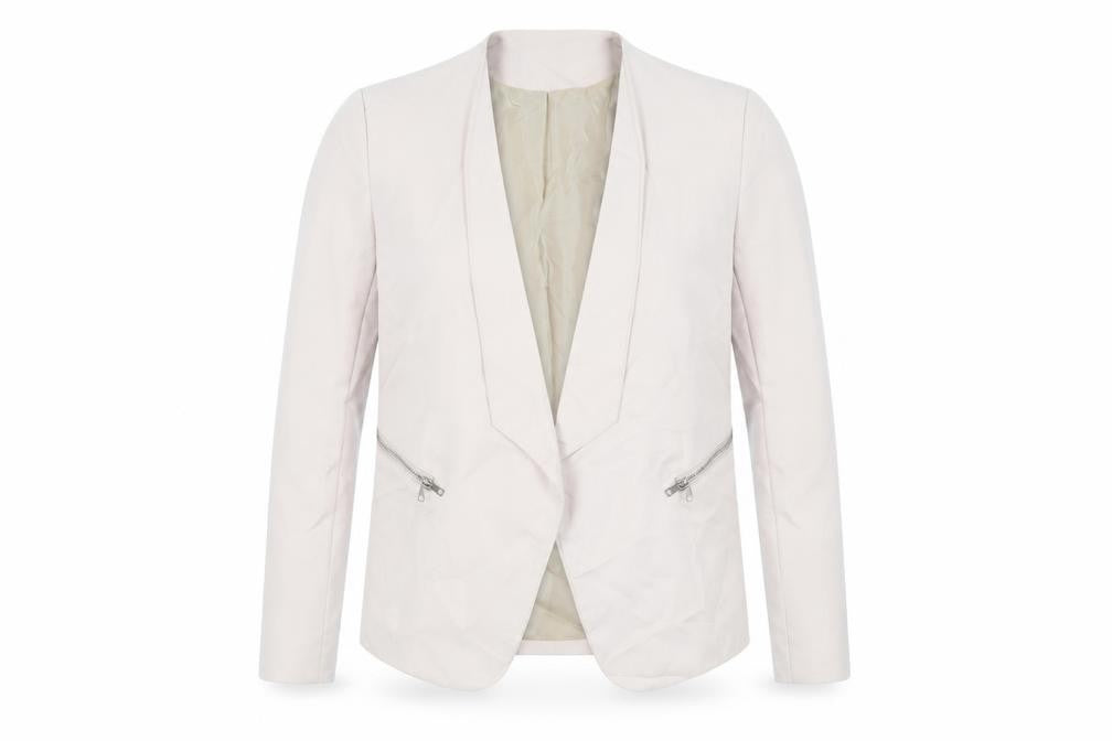Front view of Missguided women’s beige jacket blazer, size UK 8, - open