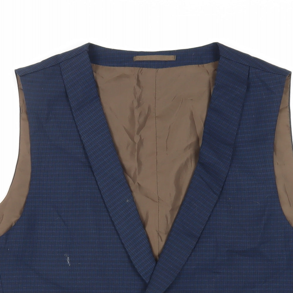 Fellini Mens Blue Plaid Polyester Jacket Suit Waistcoat Size 46 Regular