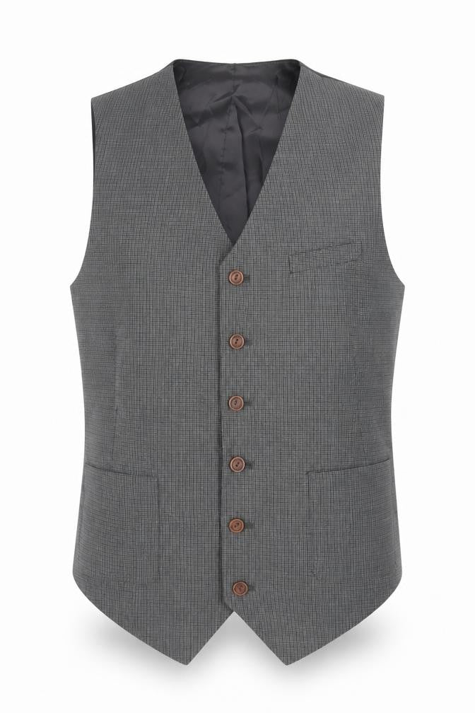 Front view of ASOS men’s grey plaid polyester jacket suit waistcoat, size 40, regular