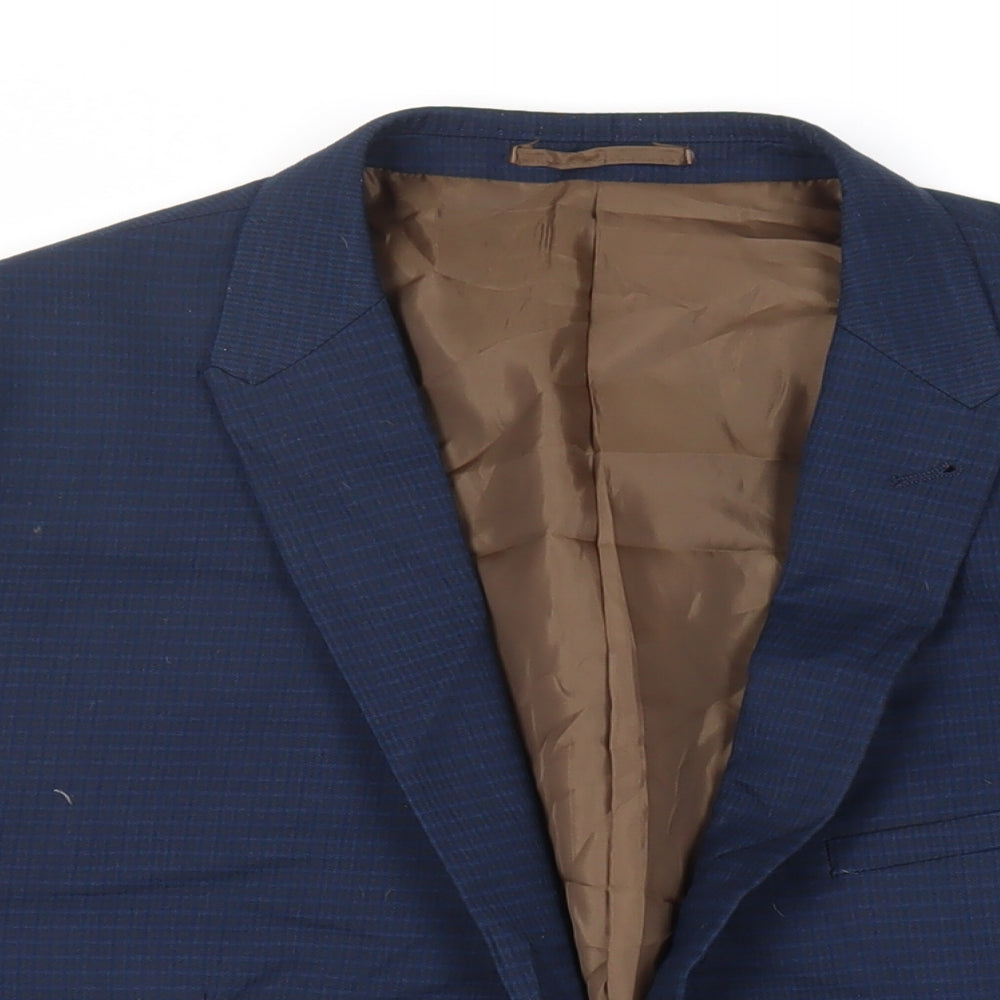 Fellini Mens Blue Plaid Polyester Jacket Suit Jacket Size 46 Regular