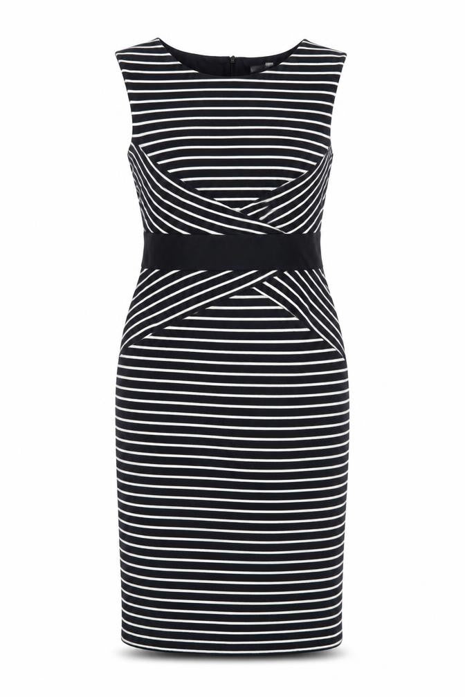 Marks and Spencer Womens Blue Striped Acrylic Pencil Dress Size 12 Boat Neck Zip - Lined