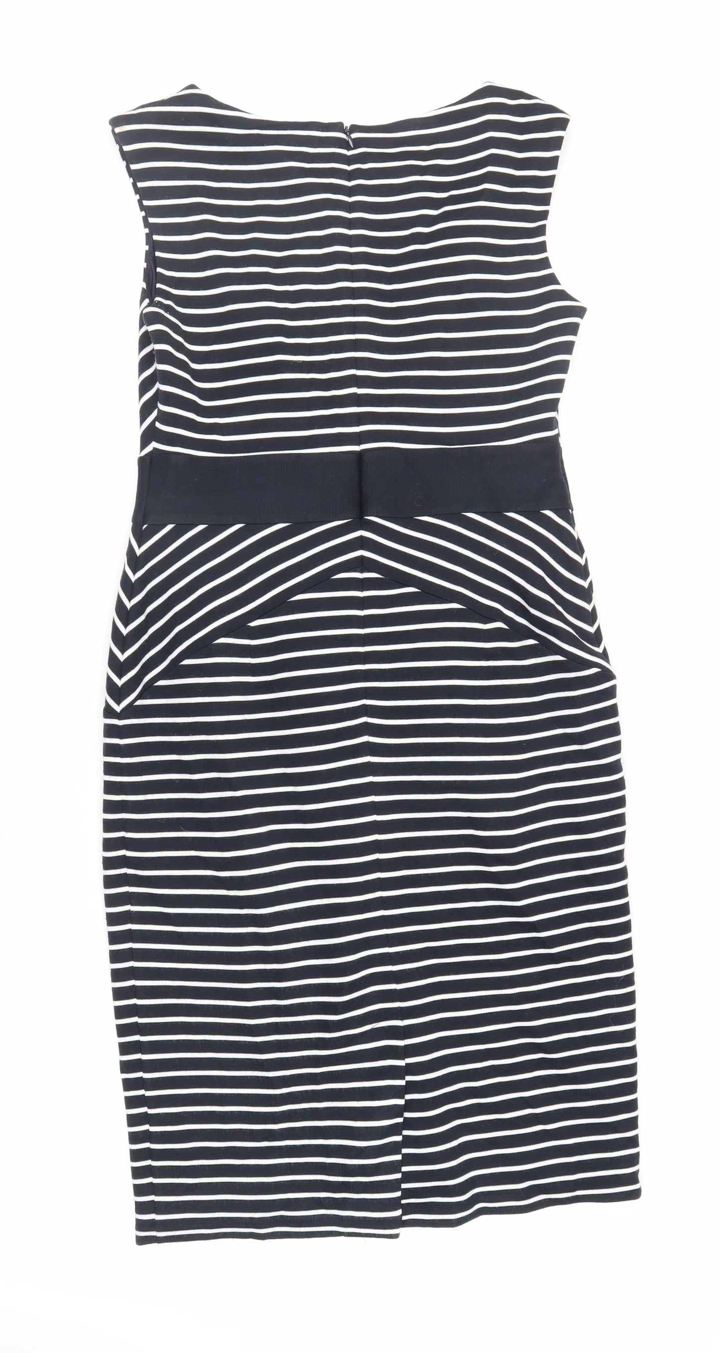 Marks and Spencer Womens Blue Striped Acrylic Pencil Dress Size 12 Boat Neck Zip - Lined