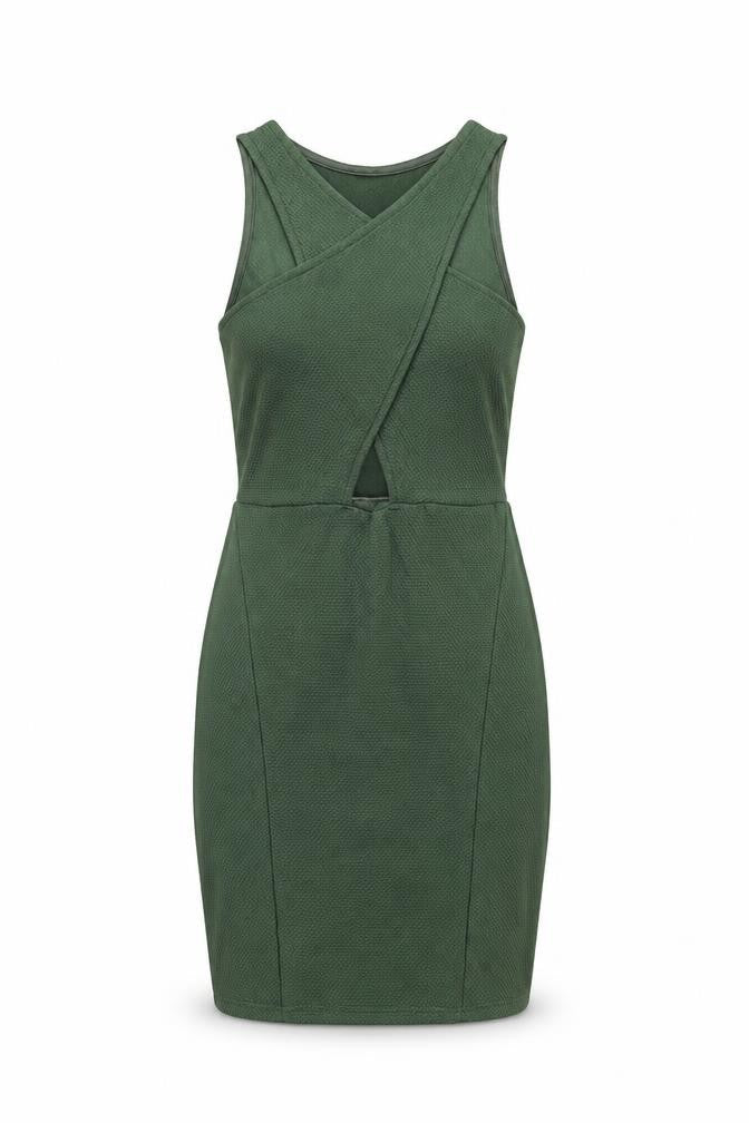 Front view of Miss Selfridge women’s green polyester bodycon, size UK 8, v-neck pullover