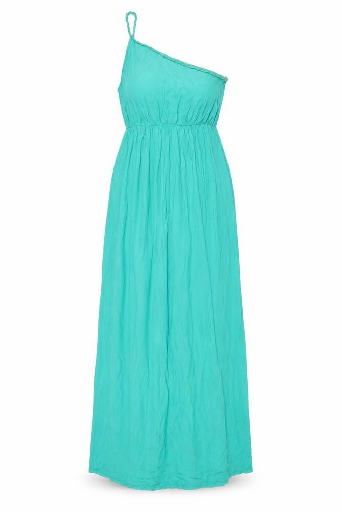 Front view of Fashion Union women’s green polyester maxi, size UK 8, one shoulder pullover