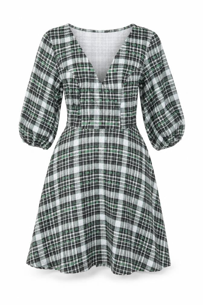 Front view of ASOS women’s green geometric polyester skater dress, size UK 8, v-neck pullover