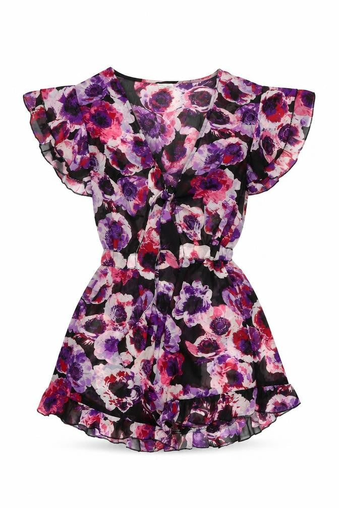 Front view of ASOS women’s black floral polyester playsuit one-piece, size UK 8, tie