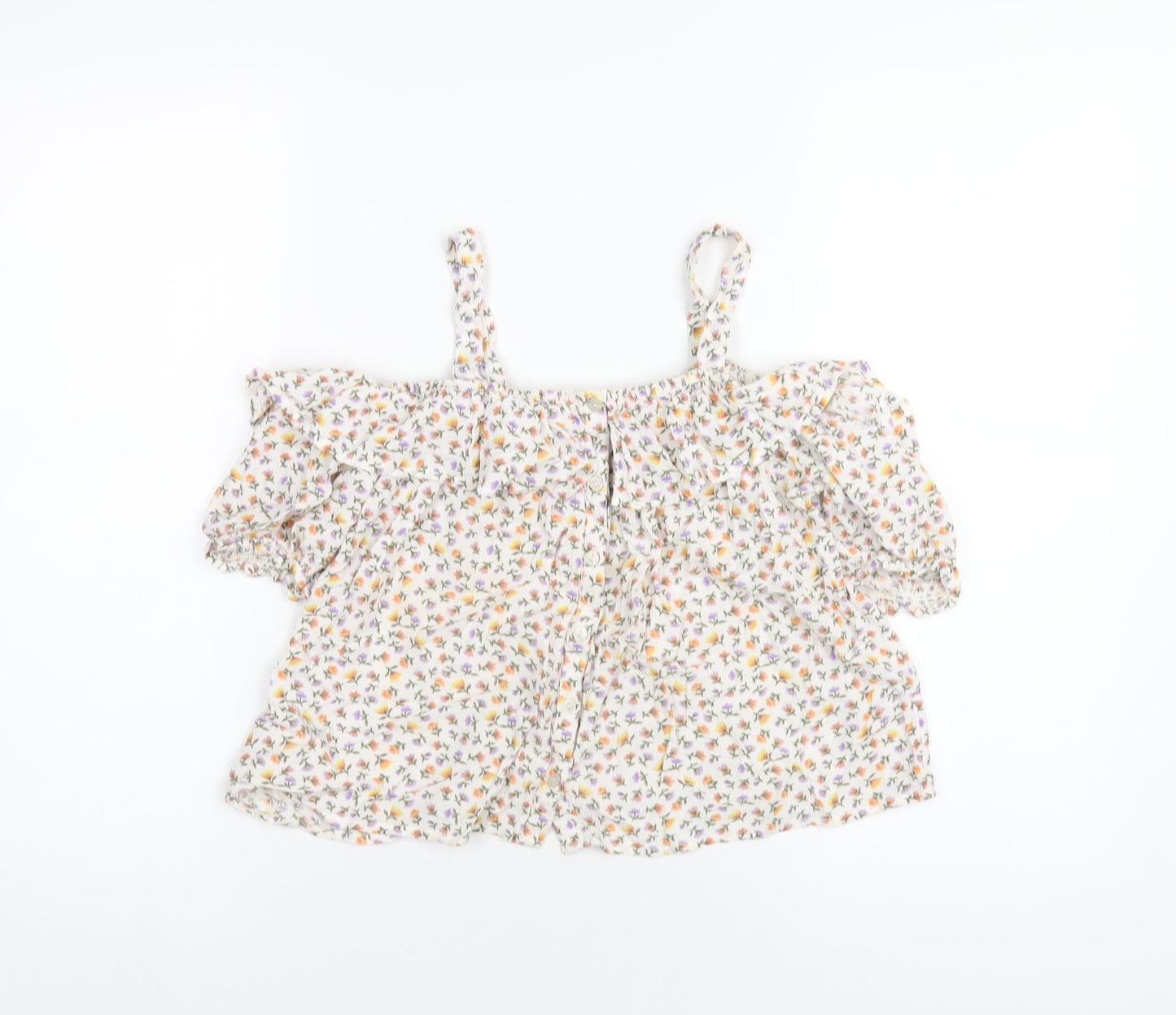 NEXT Girls Multicoloured Floral Viscose Basic T-Shirt Size 12 Years Square Neck Button