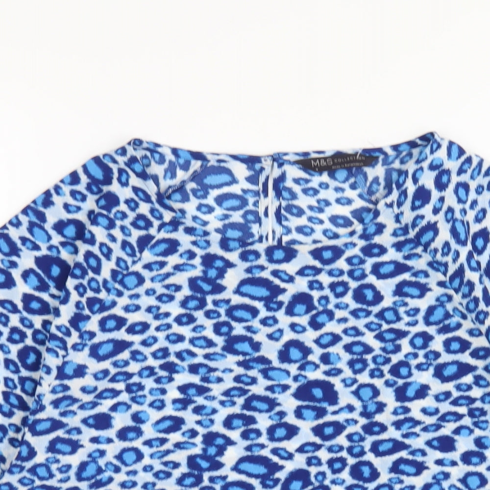 Marks and Spencer Womens Blue Animal Print Polyester Basic T-Shirt Size 8 Round Neck