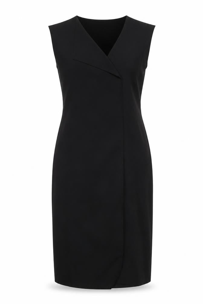 Front view of French Connection women’s black polyester pencil dress, size UK 10, v-neck pullover