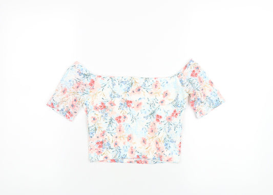 Hollister Womens Multicoloured Floral Nylon Basic T-Shirt Size M Off the Shoulder