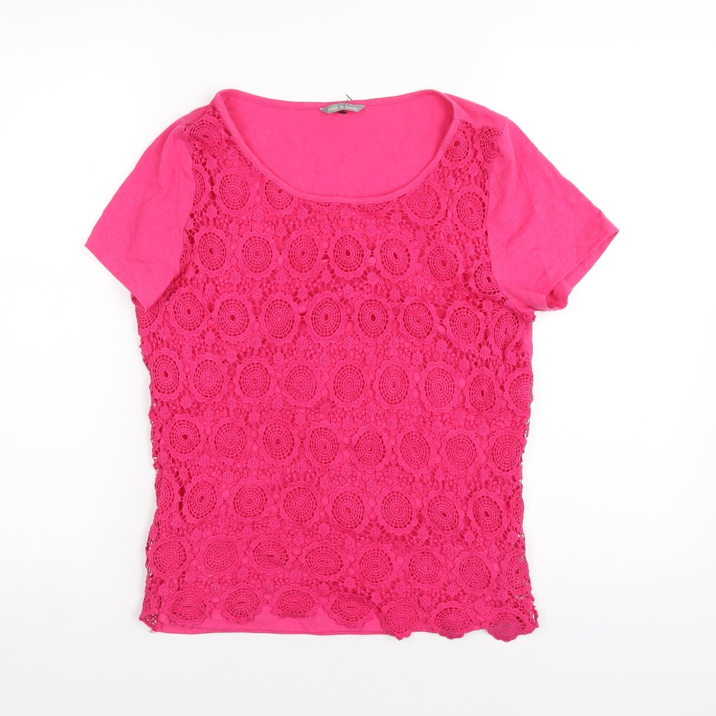 Marks and Spencer Womens Pink Polyester Basic T-Shirt Size 12 Round Neck