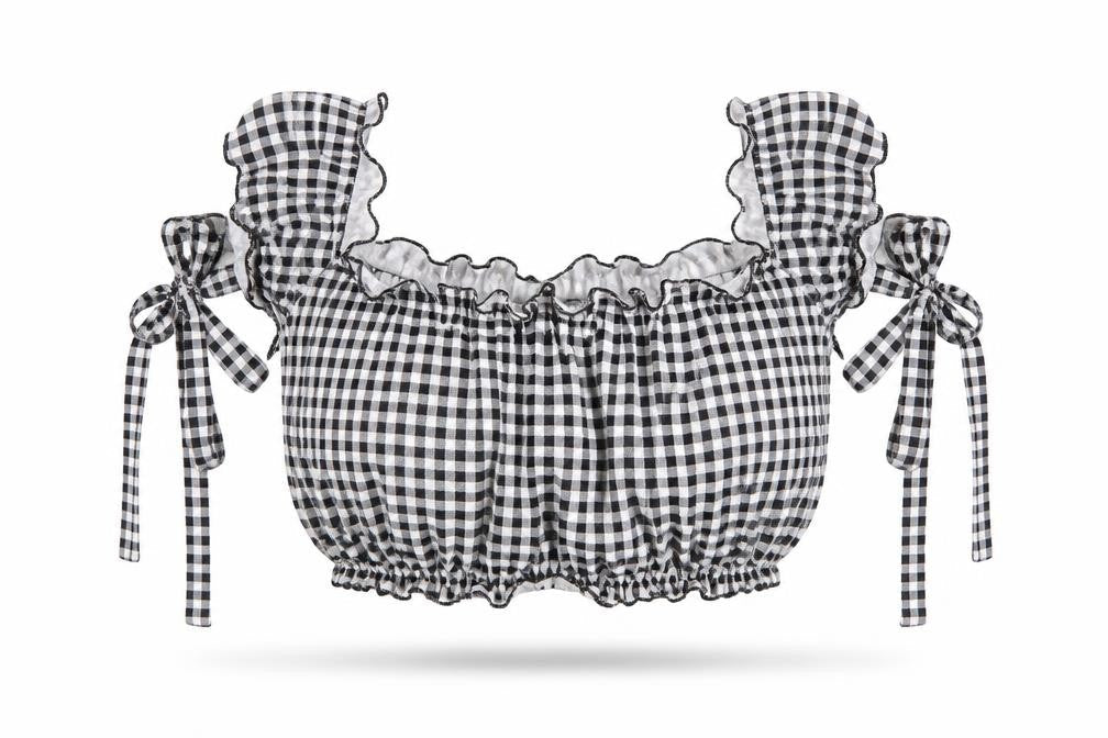 PRETTYLITTLETHING Womens Black Check Polyester Cropped T-Shirt Size 10 Off the Shoulder