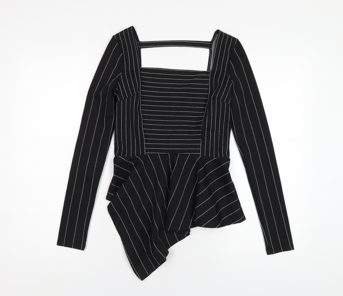 River Island Womens Black Striped Polyester Basic T-Shirt Size 8 Square Neck