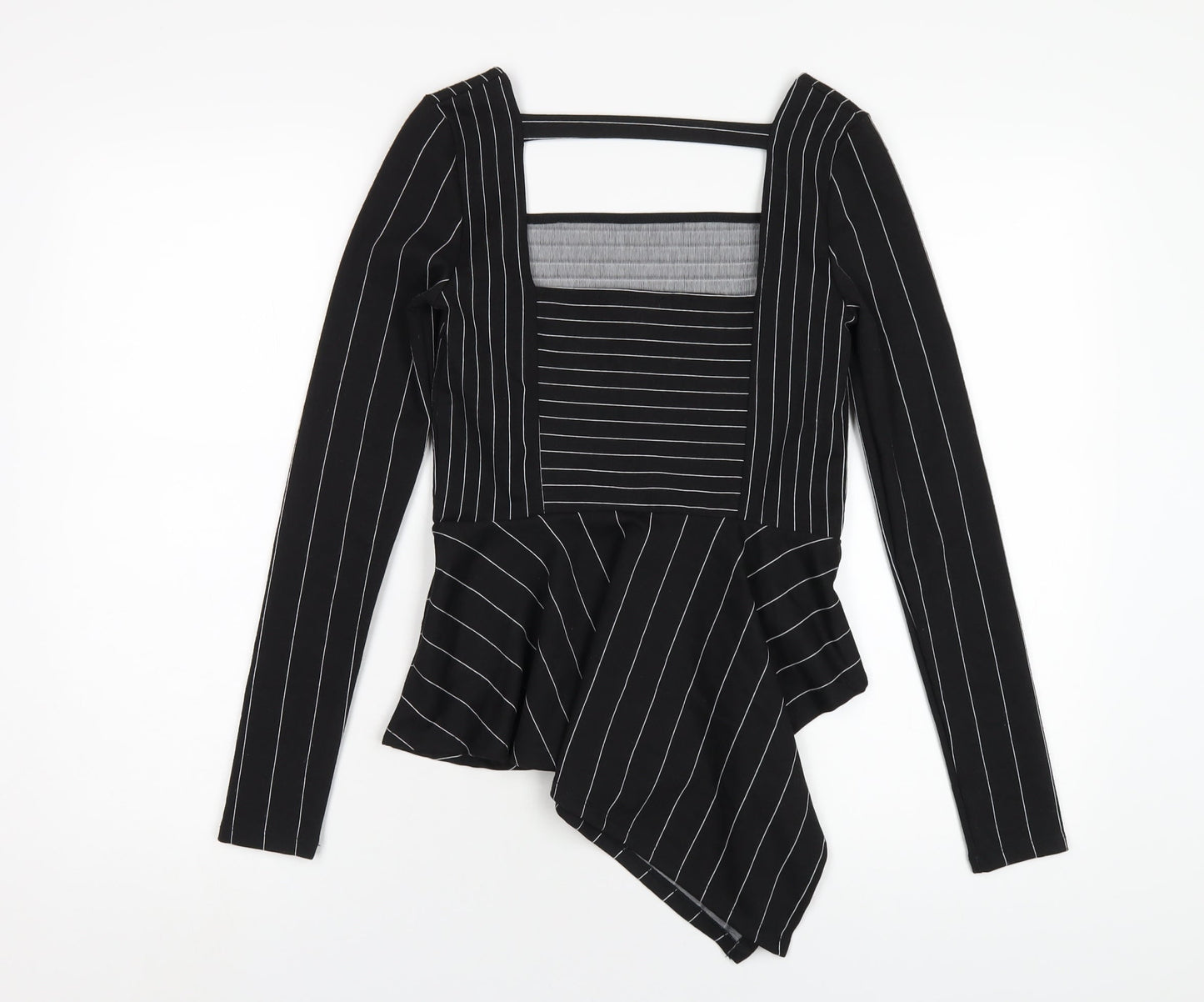 River Island Womens Black Striped Polyester Basic T-Shirt Size 8 Square Neck