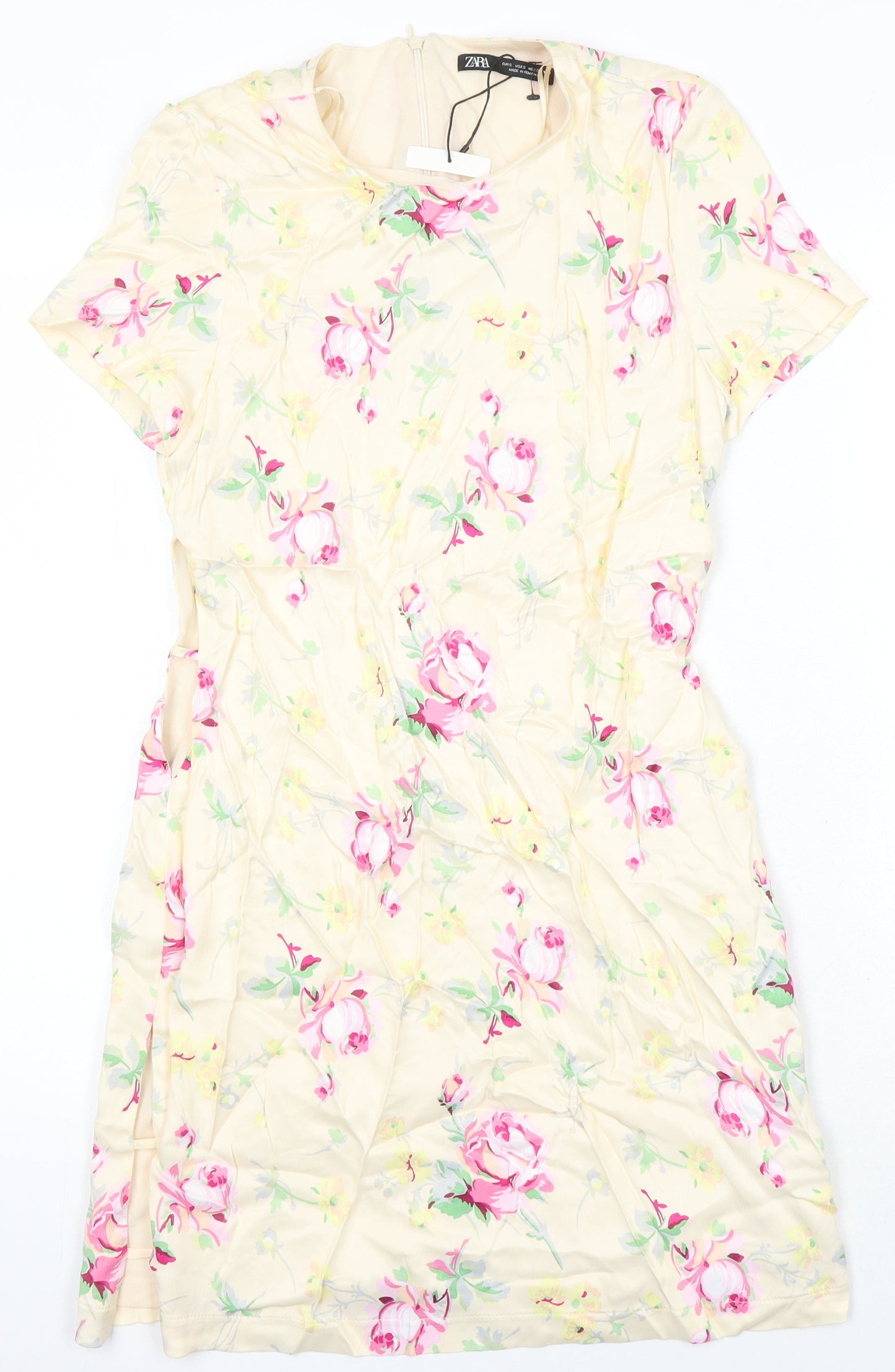 Zara Womens Multicoloured Floral Polyester A-Line Size S Round Neck
