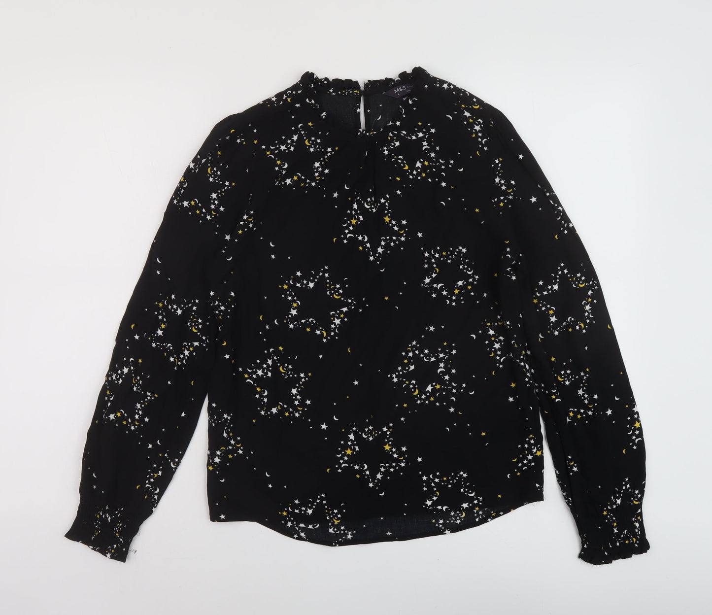 Marks and Spencer Womens Black Geometric Viscose Basic Blouse Size 6 Round Neck