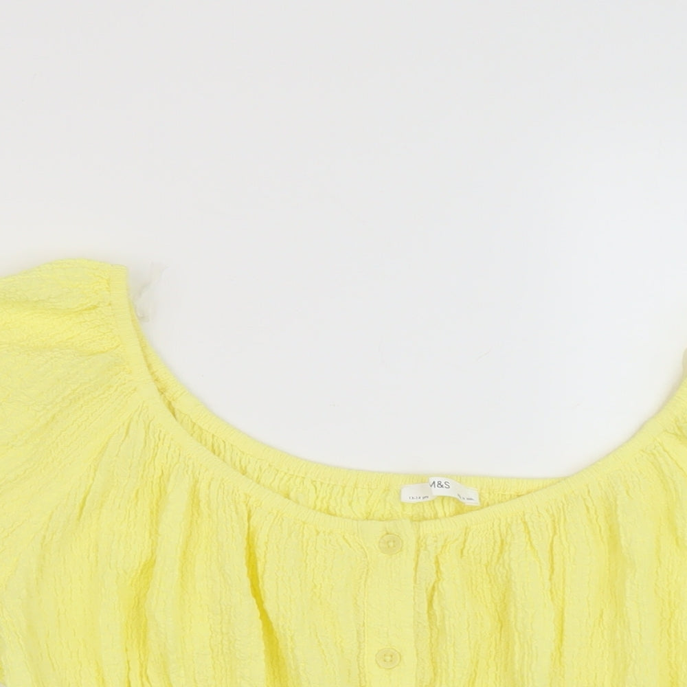 Marks and Spencer Girls Yellow Polyester Basic Blouse Size 13-14 Years Round Neck Button