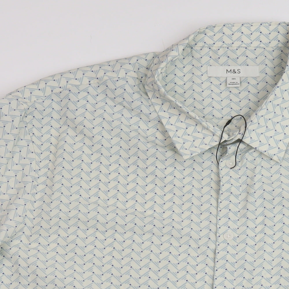 Marks and Spencer Mens Green Geometric Polyester Button-Up Size 3XL Collared Button