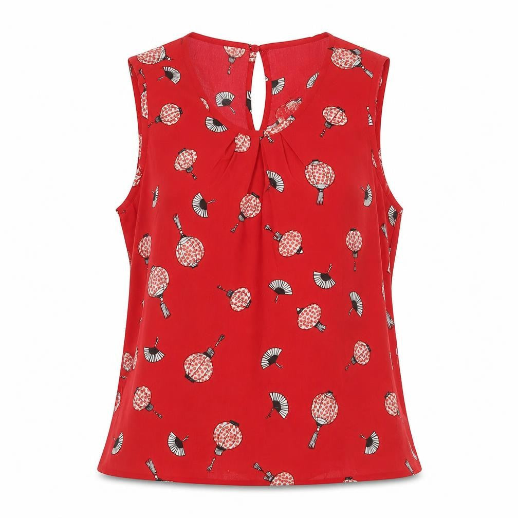 Red Herring Womens Red Geometric Polyester Basic Tank Size 10 Collared - Pleated