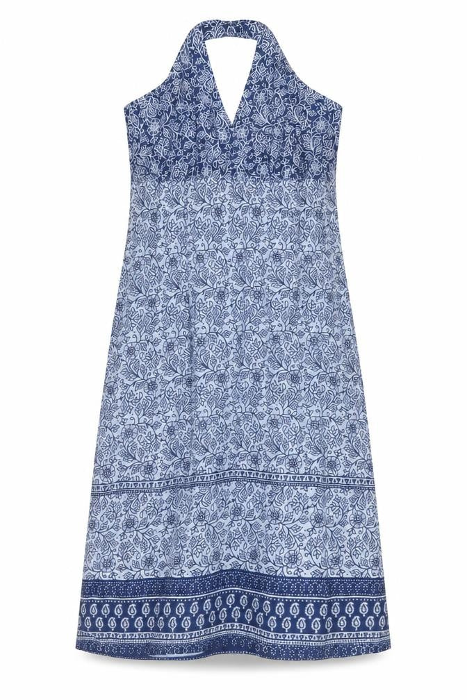 Marks and Spencer Womens Blue Geometric Cotton A-Line Size 12 Halter Tie