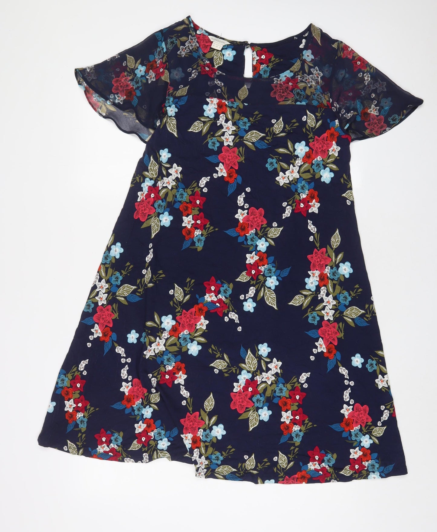 Monsoon Womens Blue Floral Viscose A-Line Size 10 Scoop Neck Button