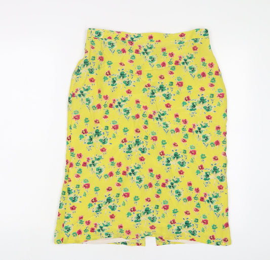 Brora Womens Yellow Floral Silk A-Line Skirt Size 10 Zip