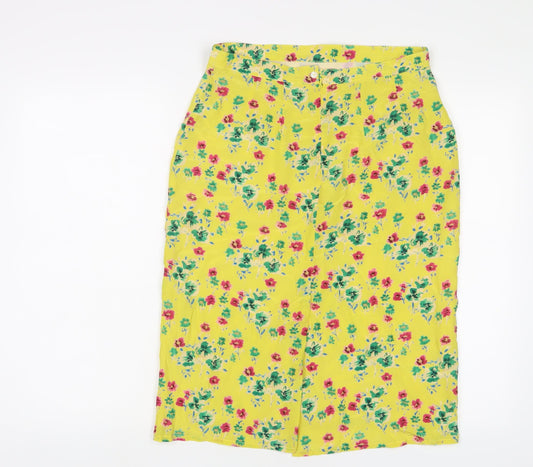 Brora Womens Yellow Floral Silk A-Line Skirt Size 10 Zip