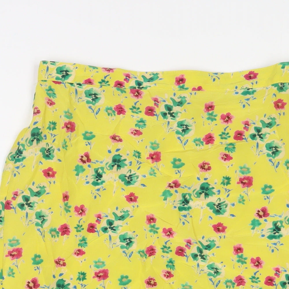 Brora Womens Yellow Floral Silk A-Line Skirt Size 10 Zip