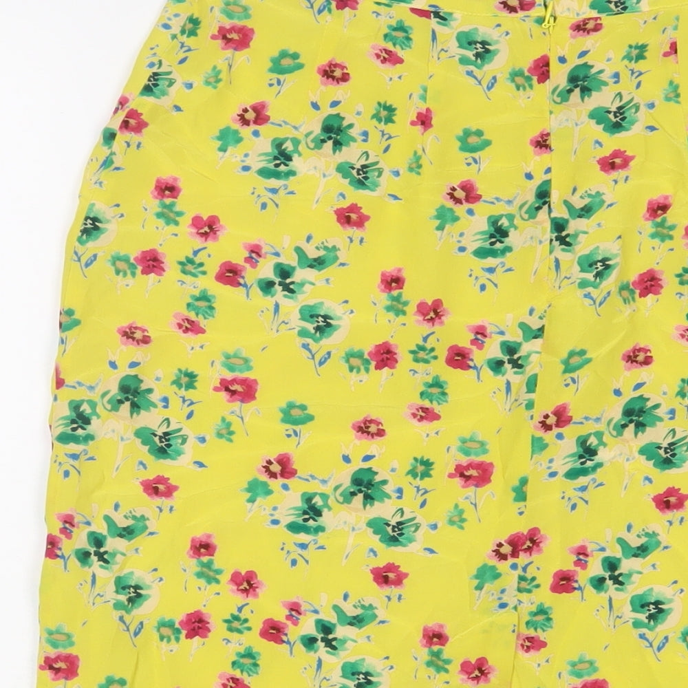 Brora Womens Yellow Floral Silk A-Line Skirt Size 10 Zip