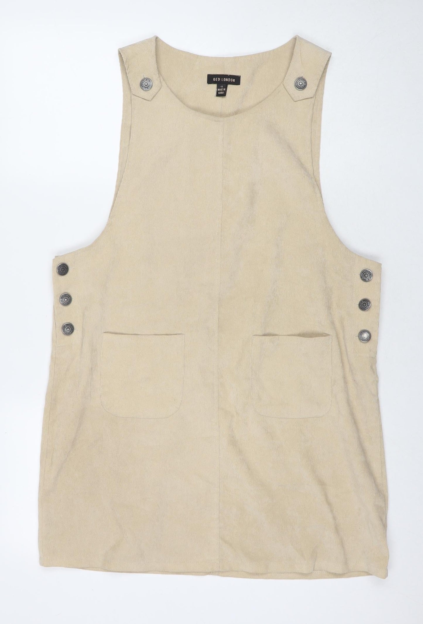 QED London Womens Brown Polyester Pinafore/Dungaree Dress Size 12 Round Neck Button