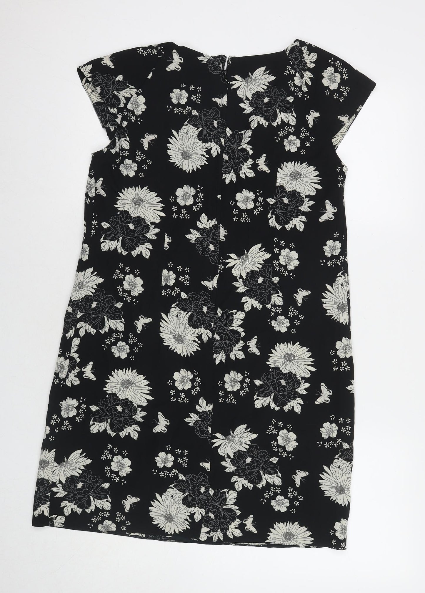 Wallis Womens Black Floral Polyester A-Line Size 12 Round Neck Zip