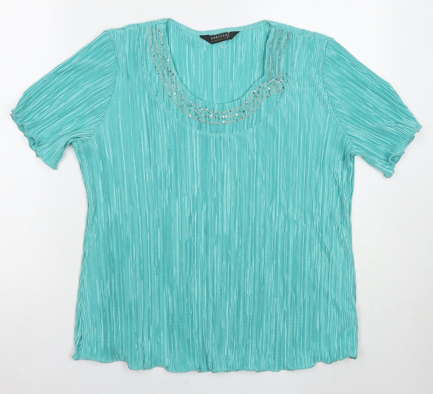 Forever Womens Blue Polyester Basic Blouse Size L Round Neck