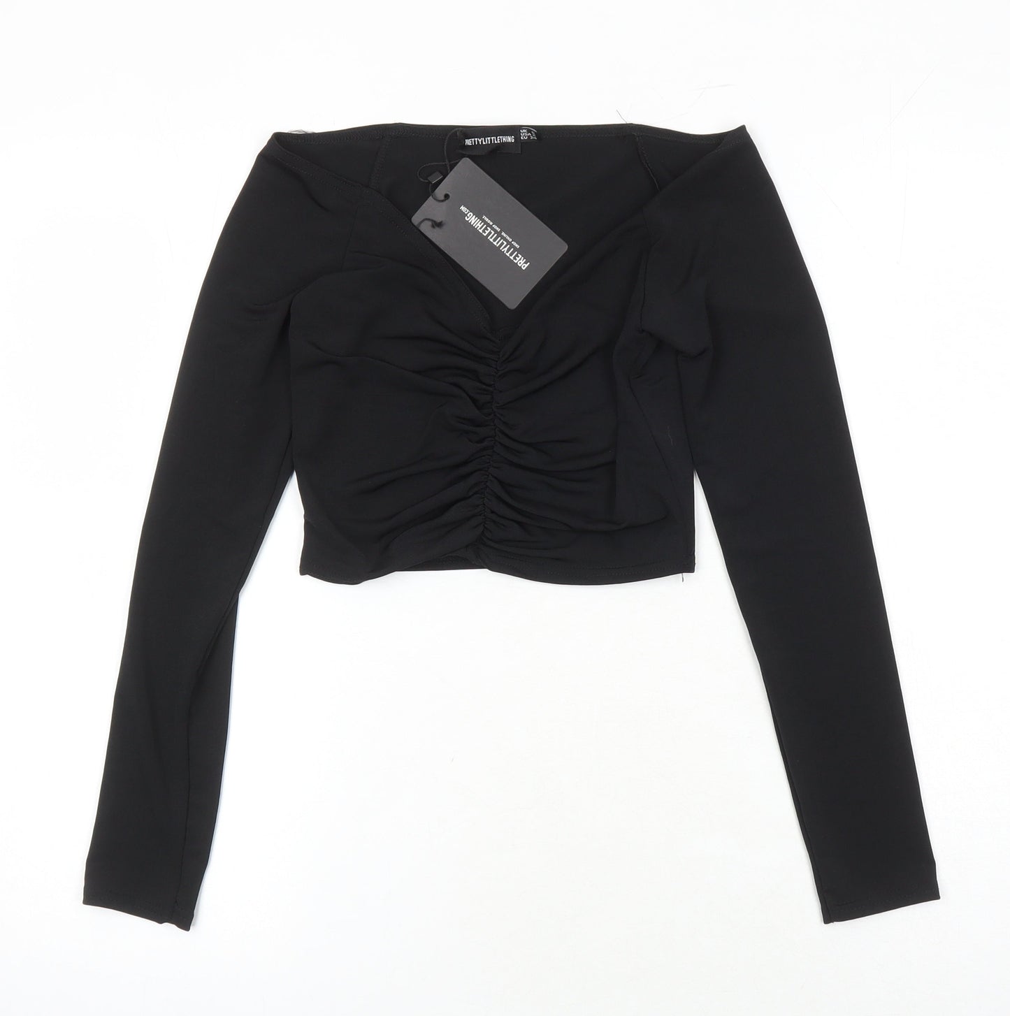 PRETTYLITTLETHING Womens Black Herringbone Polyester Cropped T-Shirt Size 6 Sweetheart