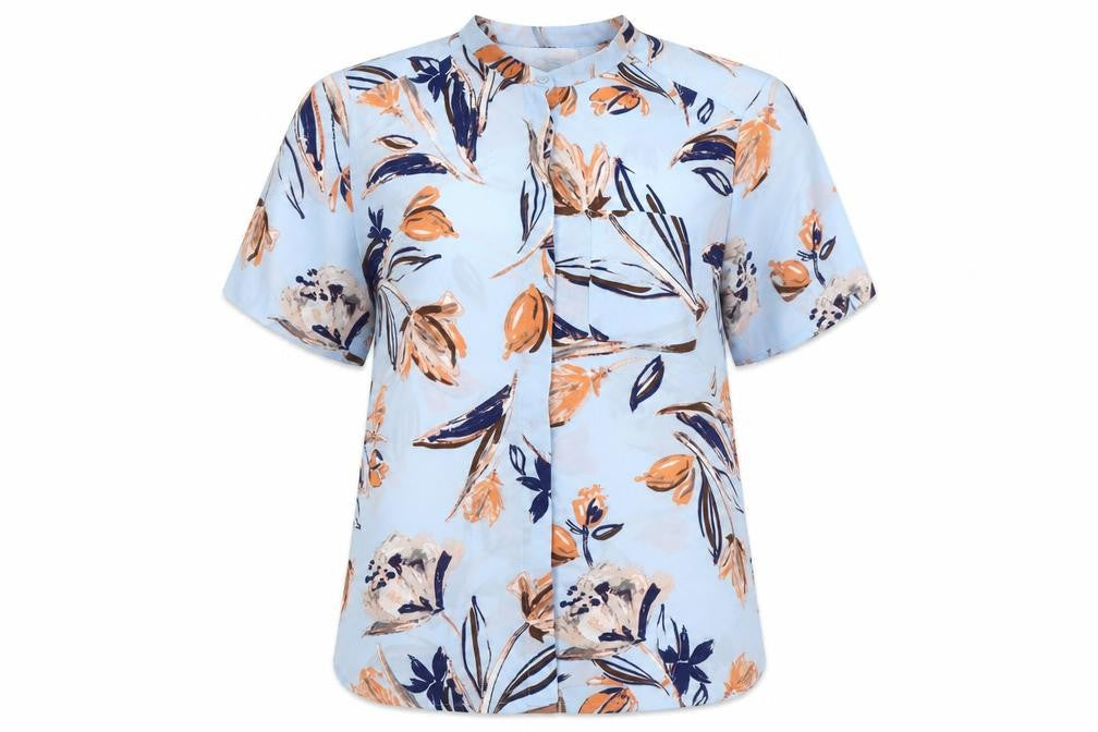 Marks and Spencer Womens Blue Floral Polyester Basic Blouse Size 14 Mock Neck