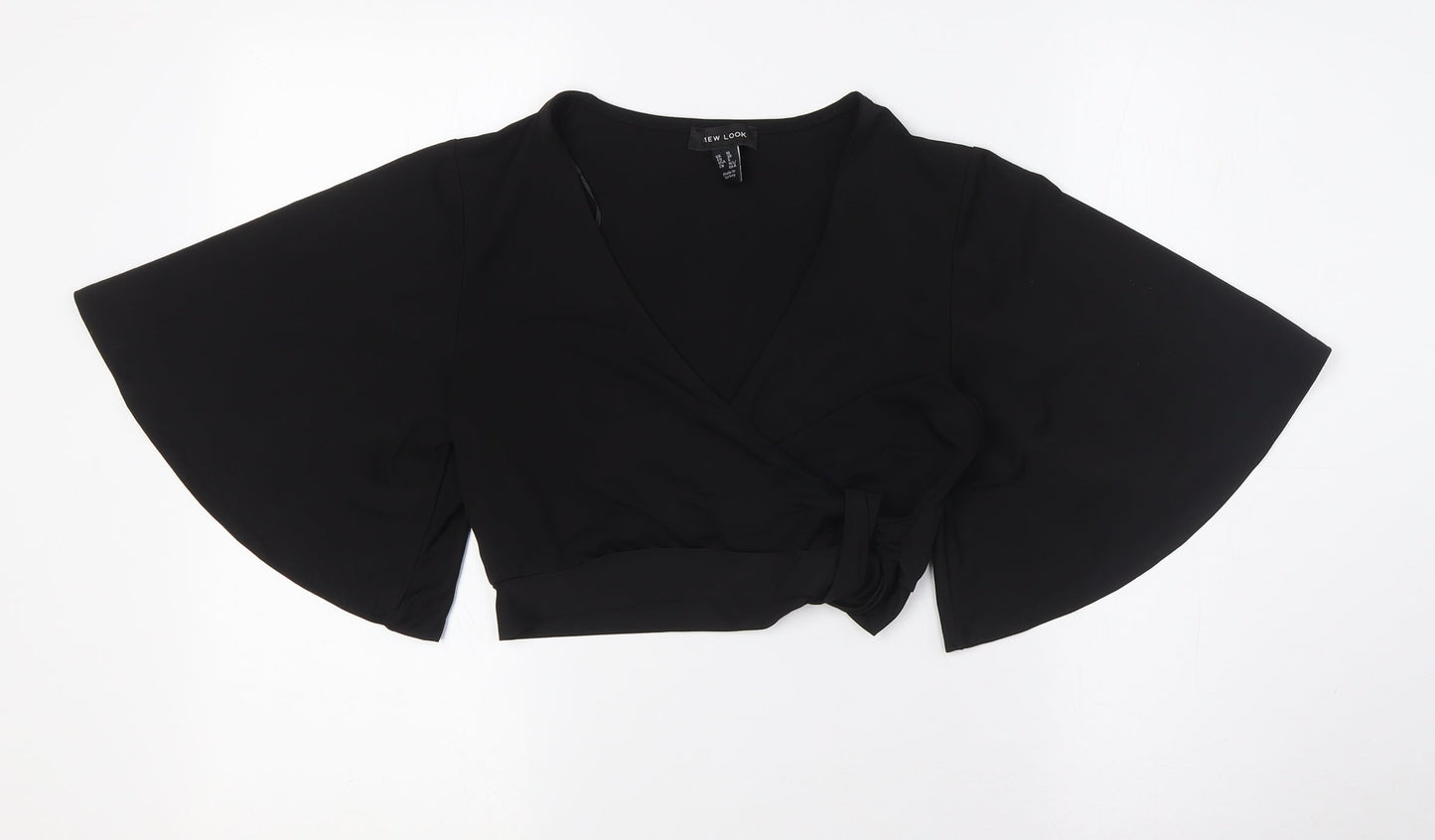New Look Womens Black Polyester Cropped Button-Up Size 10 V-Neck - Knot Front