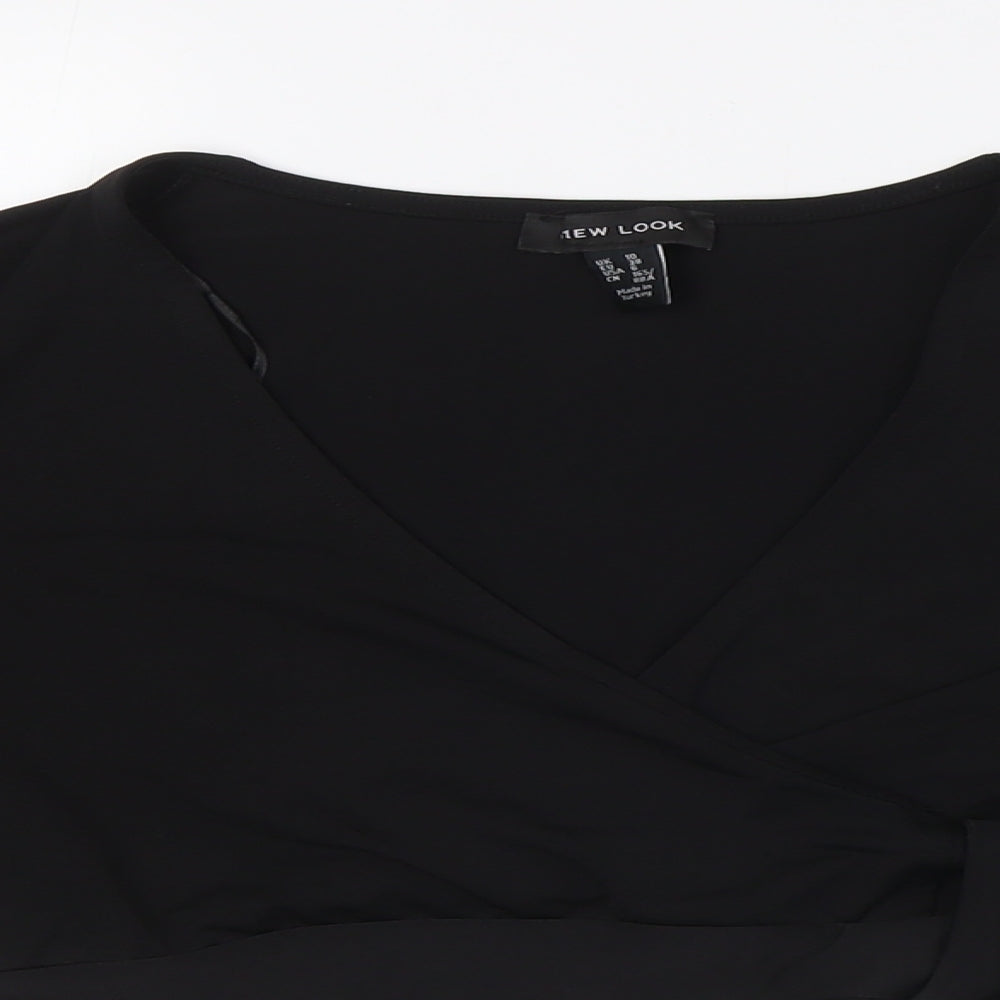New Look Womens Black Polyester Cropped Button-Up Size 10 V-Neck - Knot Front