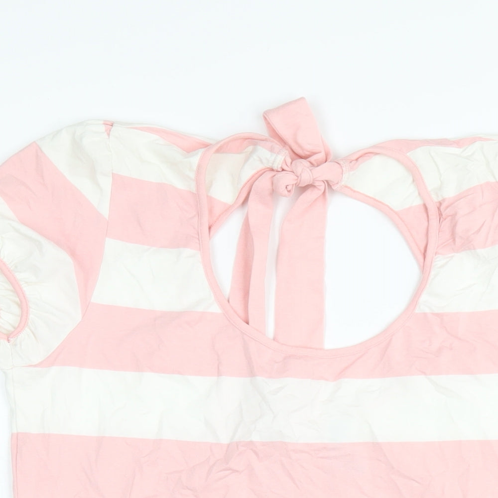 SAVIDA Womens Pink Striped Viscose Basic T-Shirt Size 16 Scoop Neck
