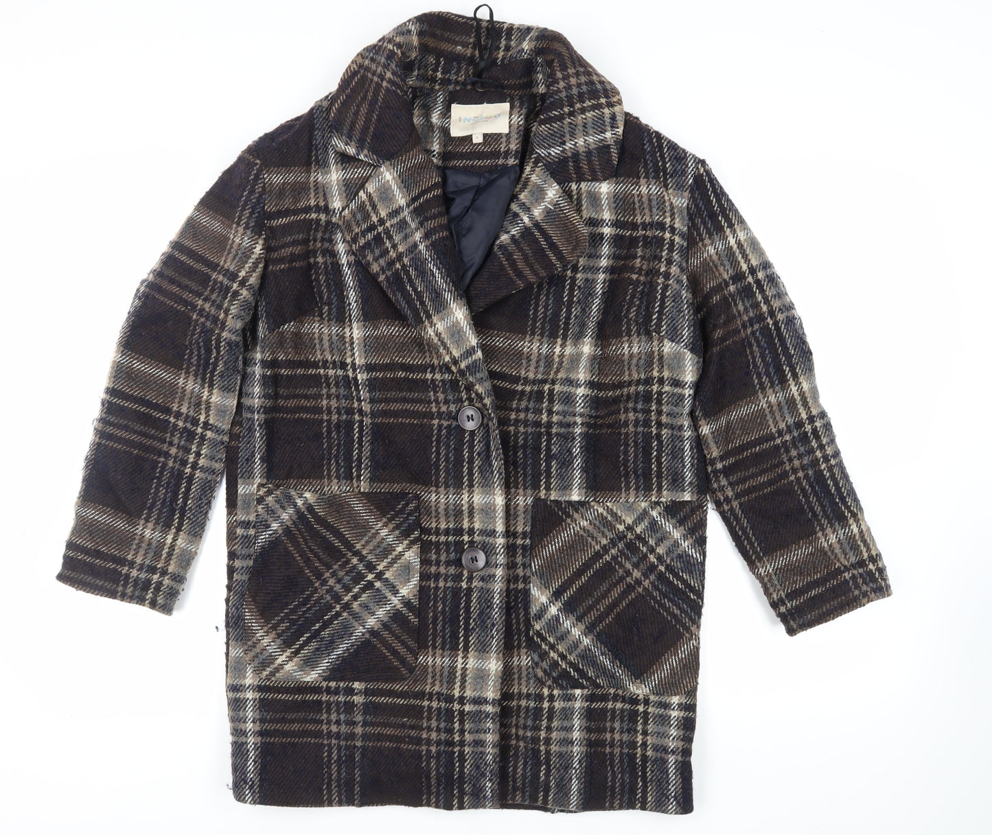 Indigo Womens Blue Plaid Overcoat Coat Size 10 Button