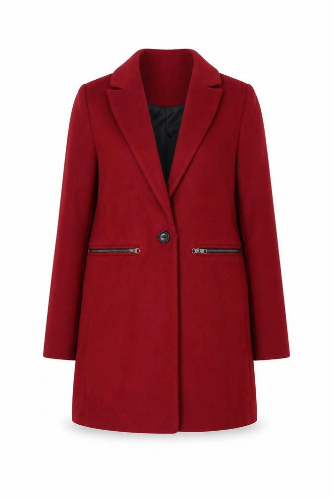 Front view of ASOS women’s red overcoat coat, size UK 6, button