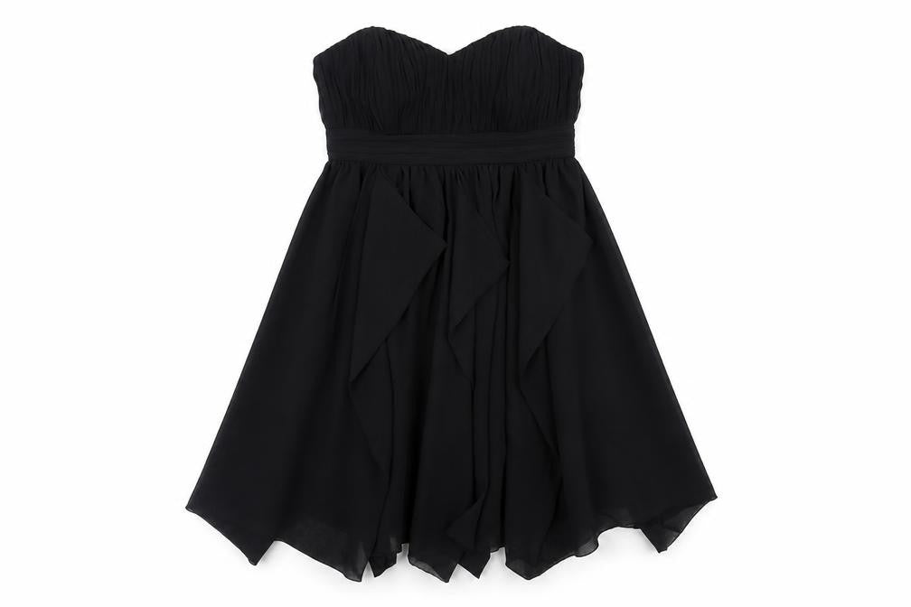 Front view of ASOS women’s black polyester a-line, size UK 12, sweetheart zip - strapless