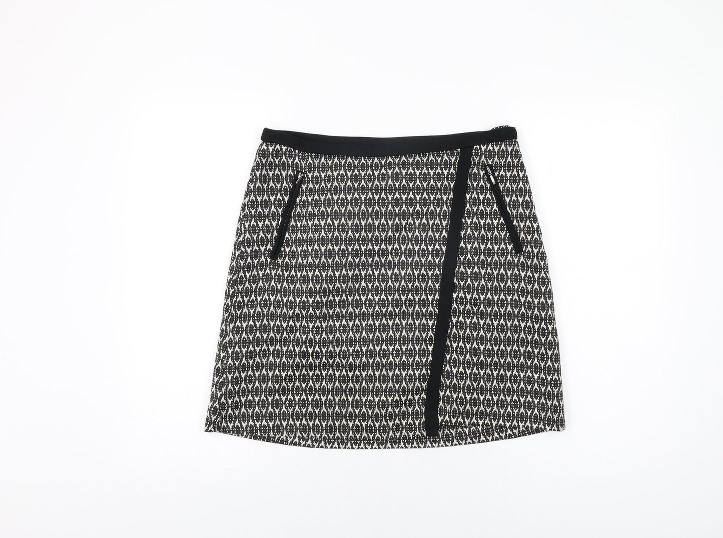 Wallis Womens Black Geometric Cotton A-Line Skirt Size 10 Zip