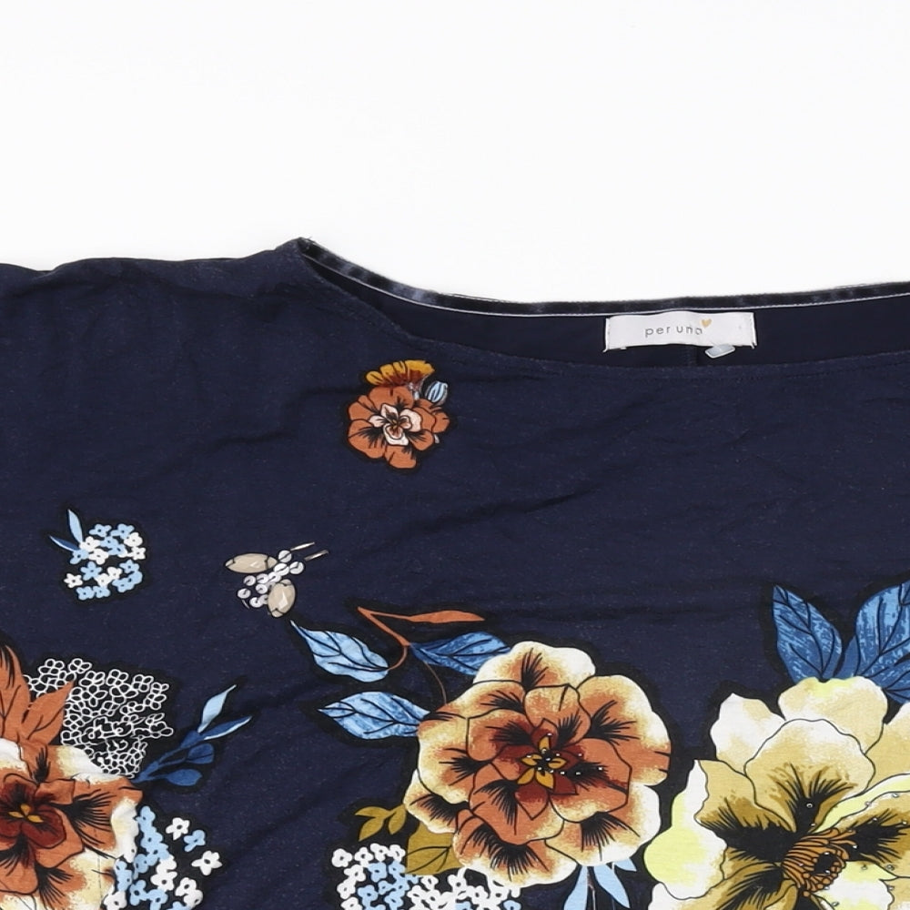 Per Una Womens Blue Floral Viscose Basic T-Shirt Size 12 Round Neck
