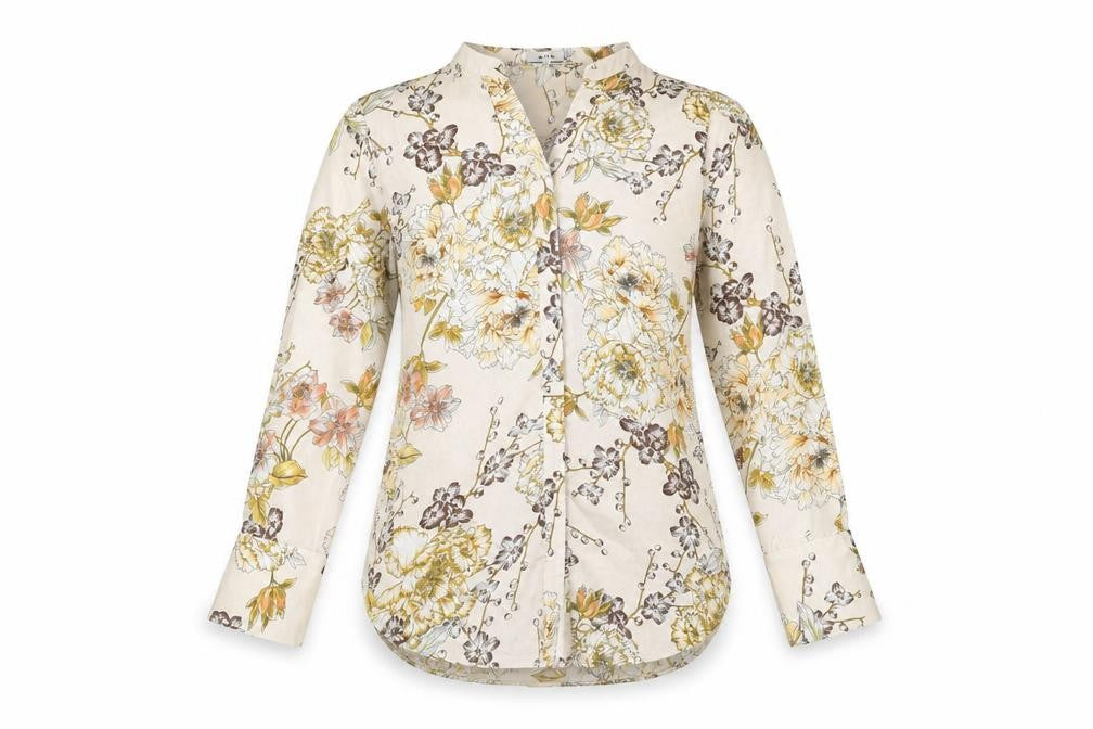 Riva Womens Beige Floral Polyester Basic Button-Up Size S V-Neck